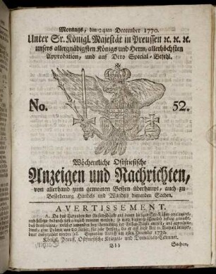 No. 52. Montags, den 24ten December 1770.
