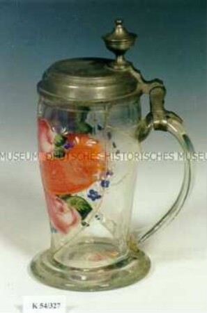 Bierkrug (Hochzeitskrug) mit Zinnmontierung und Blumenmalerei