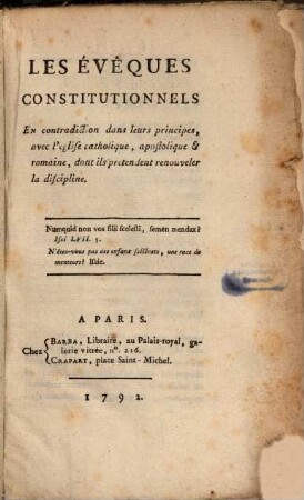 Les Eveques constitutionels en contradiction dans leurs principes