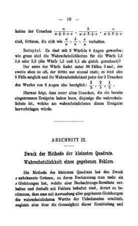 Abschnitt III. Zweck der Methode der kleinsten Quadrate. Wahrscheinlichkeit eines gegebenen Fehlers.
