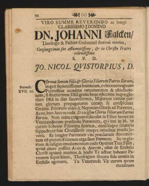 Viro Summe Reverendo ac longe Clarissimo i Domino Dn. Johanni Falcken