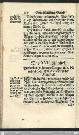 Das XVII. Capitel. Einige kurtze Anmerckungen über die obbeschribene Cur diser entsetzlichen Kranckheit