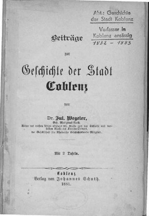 Beiträge zur Geschichte der Stadt Coblenz