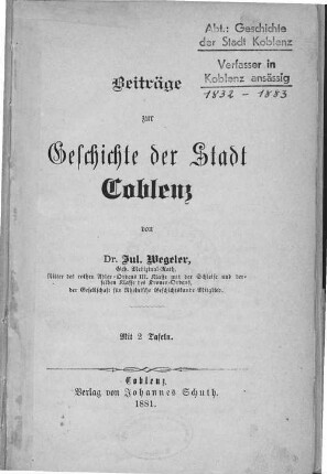 Beiträge zur Geschichte der Stadt Coblenz