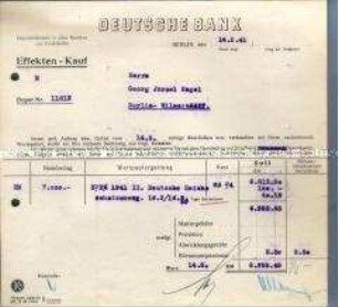 Quittung der Deutschen Bank über den Verkauf von Wertpapieren (6.955,45 RM) an einen Juden und deren Deponierung in der Bank