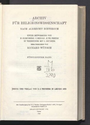 15.1912: Archiv für Religionswissenschaft