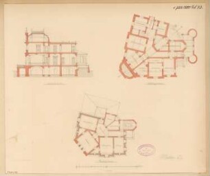 Wohnhaus, Eberswalde Monatskonkurrenz Juli 1880: Grundriss Keller, Dachgeschoss, Querschnitt 1:150; Maßstabsleiste