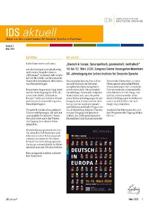 IDS aktuell. Neues aus dem Leibniz-Institut für Deutsche Sprache in Mannheim. Jg. 2020, Heft 1