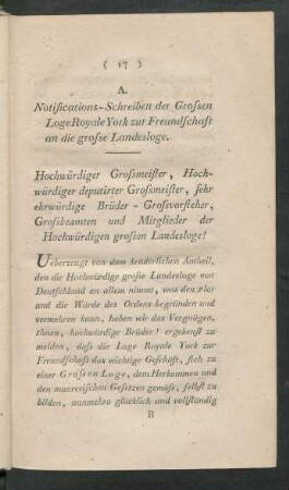 A. Notifications-Schreiben der Grossen Loge Royale York zur Freundschaft an die grosse Loge