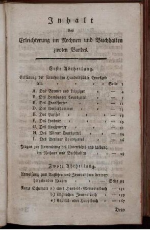Inhalt der Erleichterung im Rechnen und Buchhalten zwoten Bandes.