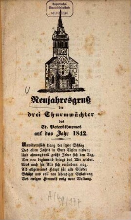 Neujahresgruß der drei Thurmwächter des St. Petersthurmes auf das Jahr 1842