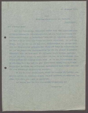 Schreiben von Hermann Hummel an Heinz Potthoff, Reichstagsabgeordneter, Düsseldorf: Dank für die Zusendung eines Schreibens, 1 Schreiben