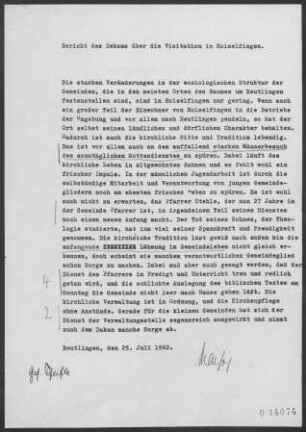 Holzelfingen: Visitationsbericht mit Pfarrbericht 1962