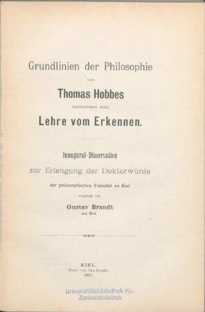 Grundlinien der Philosophie von Thomas Hobbes insbesondere seine Lehre vom Erkennen