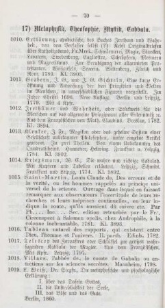 17) Metaphysik, Theosophie, Mystik, Cabbala.