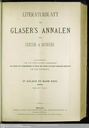 Literaturblatt 1te Anlage zu Band XXII.1888. Januar – Juni