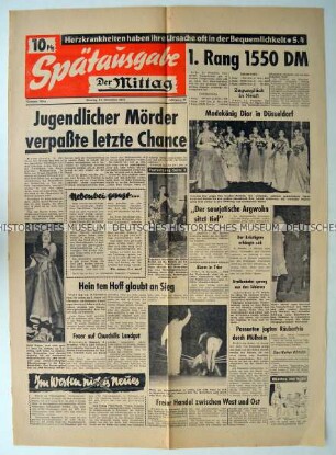 Titelseite der Spätausgabe der Tageszeitung "Der Mittag" zur Flucht eines wegen Mordes verurteilten Jugendlichen nach seiner vorzeitigen Haftentlassung