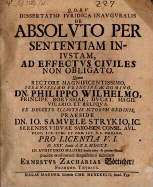 Diss. iur. inaug. de absoluto per sententiam iniustam ad effectus civiles non obligato