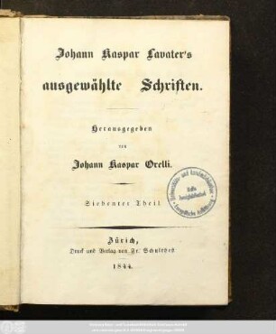 Theil 7: Johann Kaspar Lavater's ausgewählte Schriften