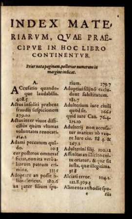 Index materiarum, Quae Praecipue In Hoc Libro Continentur.