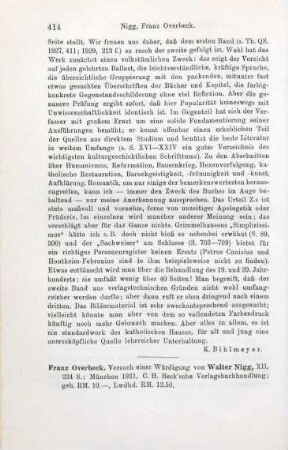 414-415 [Rezension] Nigg, Walter, Franz Overbeck