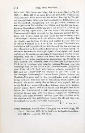 414-415 [Rezension] Nigg, Walter, Franz Overbeck