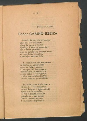 Señor Gabino Ezeiza : Octubre de 1892.