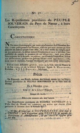 Les Representants provisoires du Peuple Souverain du Pays de Namur, a leurs Concitiyens