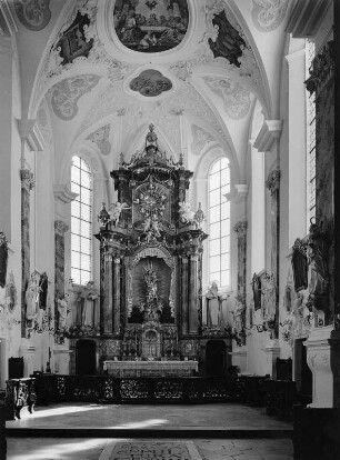 Hochaltar : Hochaltar. Stuckmarmor (1793; T. Schaidhauf). Mödingen, Ehemaliges Dominikanerinnenkloster Maria Mödingen, Klosterkirche Mariä Himmelfahrt