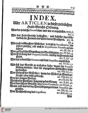 Index. Aller Articlen in dieser peinlichen Hals-Gerichts-Ordnung.