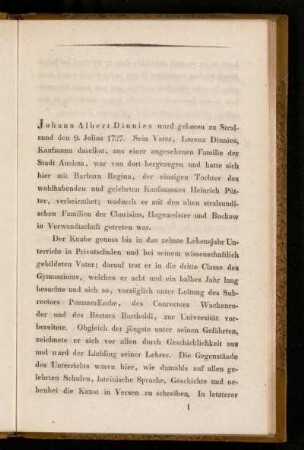 Johann Albert Dinnies wird geboren zu Stralsund den 9. Julius 1727. ...