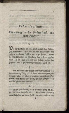 Erster Abschnitt. Einleitung in die Rechenkunst und ihre Lehrart.