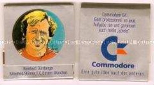 Streichholzbriefchen des Commodore-Fan-Clubs mit Aufkleber von Bernhard Dürnberger vom F.C. Bayern München