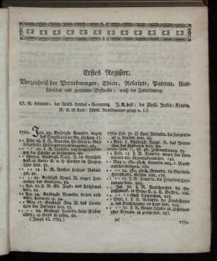 Erstes Register. Verzeichniß der Verordnungen, Edicte, Rescripte, Patente, Ausschreiben und gemeinen Bescheide : nach der Zeitordnung.