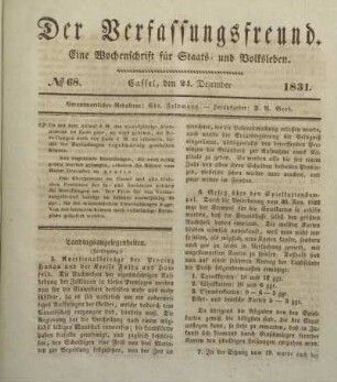 № 68. Cassel, den 24. Dezember 1831.
