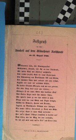 Festgruß bei dem Bankett auf dem Münchener Rathhause am 12. August 1860.