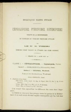 Mollusques marins d'Italie, Céphalopodes, Ptéropodes, Hétéropodes vivants de la Méditerranée et fossiles du terrain tertiaire d'Italie