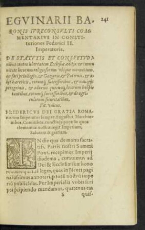 Egvinarii Baronis Iureconsulti Commentarius In Constitutiones Federici II. Imperatoris.