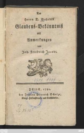 Des Herrn D. Bahrdts Glaubens-Bekänntniß