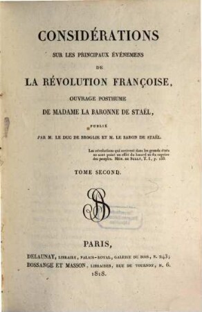 Considérations sur les principaux événemens de la révolution françoise : ouvrage posthume, 2