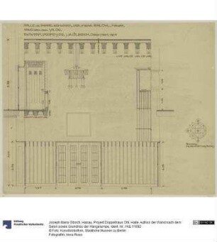 Hanau, Projekt Doppelhaus Ohl, Halle, Aufriss der Wand nach dem Salon sowie Grundriss der Hängelampe