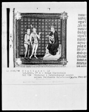 Bible Historiale — Nebukadnezar sendet seinen Feldherrn Holofernes, Folio 196recto