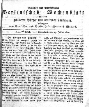 604tes Stueck, Sonnabend, den 29. Julius 1820