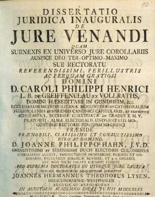 Dissertatio Juridica Inauguralis De Jure Venandi : Quam subnexis ex universo jure corollariis