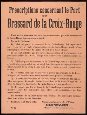 "Prescriptions concernant le Port du Brassard de la Croix-Rouge"