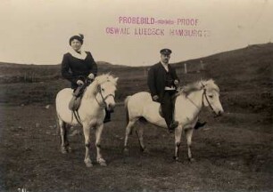 Akureyri/ Island: Touristenpaar posiert auf Ponies in Landschaft
