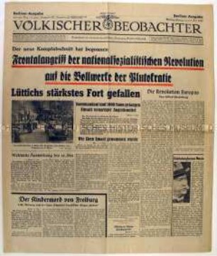 Tageszeitung "Völkischer Beobachter" u.a. zum Überfall auf Belgien