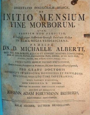 Dissertatio Inauguralis Medica, De Initio Mensium Fine Morborum
