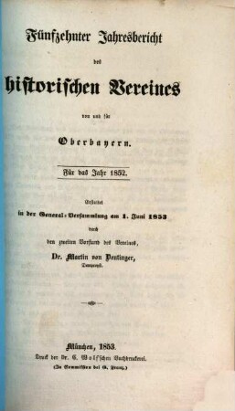 Jahresbericht des Historischen Vereins von Oberbayern. 15. 1852 (1853)