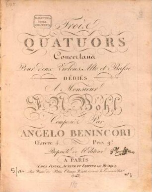 3 quatuors concertans : pour 2 violons, alto & basse ; op. 5